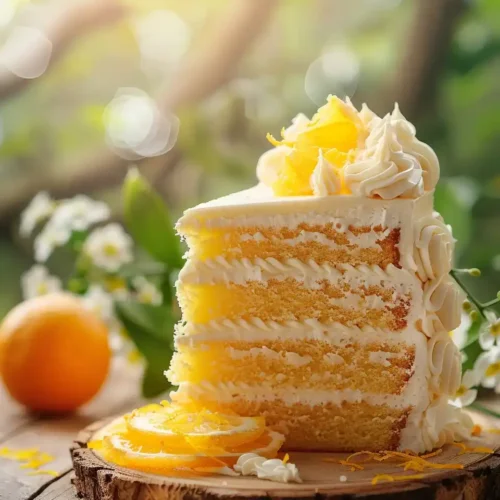 Layered orange creamsicle cake with vanilla frosting, topped with orange zest and candied orange slices, styled on a rustic summer table