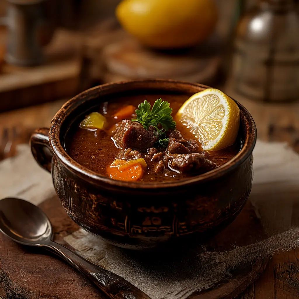 Steaming bowl of Mock Turtle Soup with sour cream, parsley, and hard-boiled eggs, served with crackers on a rustic wooden table