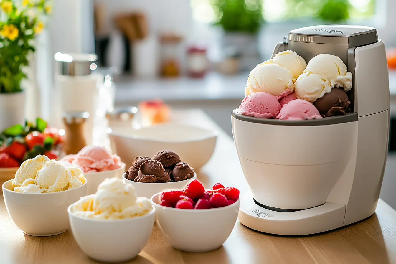 Ninja Creami machine on a modern kitchen counter with colorful bowls of homemade ice cream, surrounded by fresh ingredients.