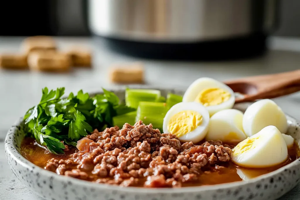 Fresh ingredients for Mock Turtle Soup including ground beef, Worcestershire sauce, ginger snaps, hard-boiled eggs, and parsley arranged on a kitchen counte