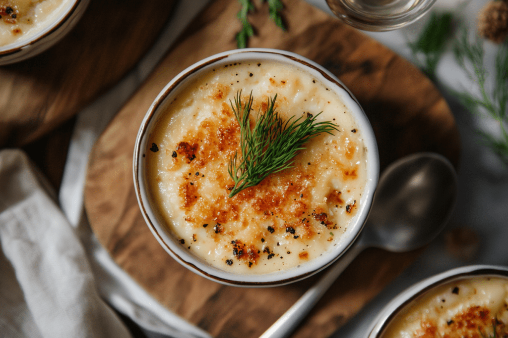 Close-up of a creamy Crab Brulee with caramelized sugar crust, garnished with dill in a ramekin, on a rustic wooden board