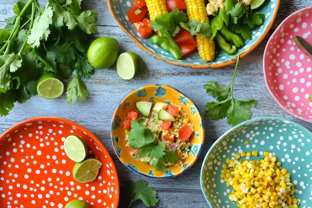 Healthy Mexican recipes featuring a walking taco bowl, pollo asado quinoa bowl, and Mexican street corn salad with Trader Joe's ingredients.