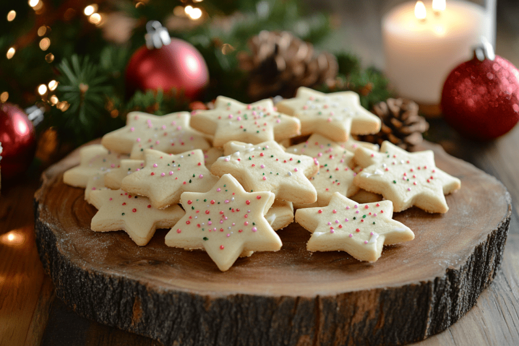 Overhead view of Vanilla Christmas Cookies decorated with white and pastel royal icing, sprinkles, and edible glitter on a rustic wooden platter, surrounded by festive holiday decorations like evergreen sprigs and ornaments