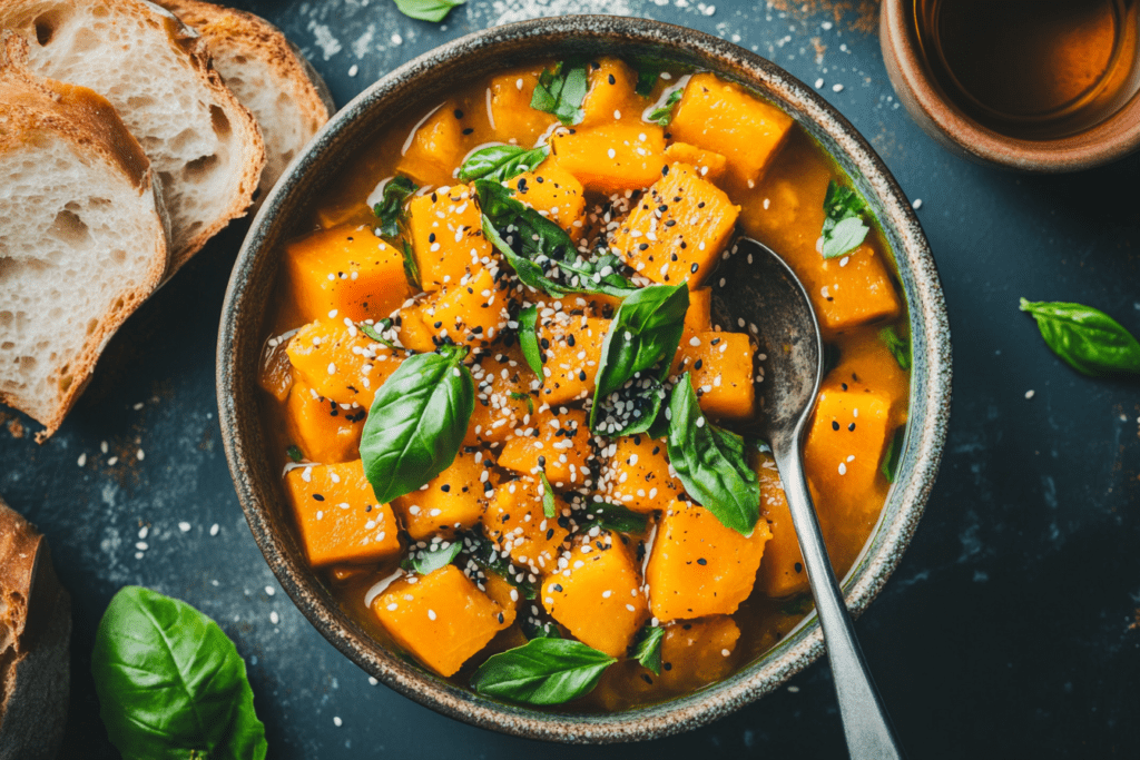Vegan Kabocha Squash Stew in a Bowl with Coconut Milk, Fresh Basil, and Crusty Bread