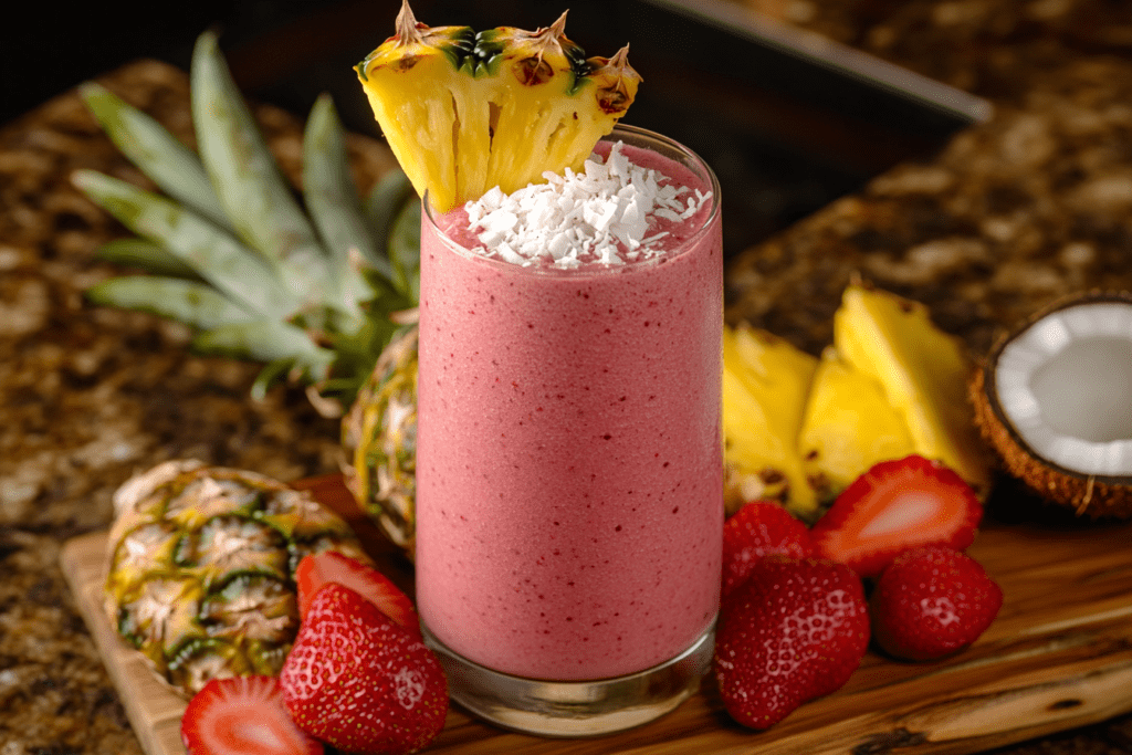 A luscious Bahama Mama Tropical Smoothie garnished with pineapple and strawberries, perfect for a refreshing tropical escape.