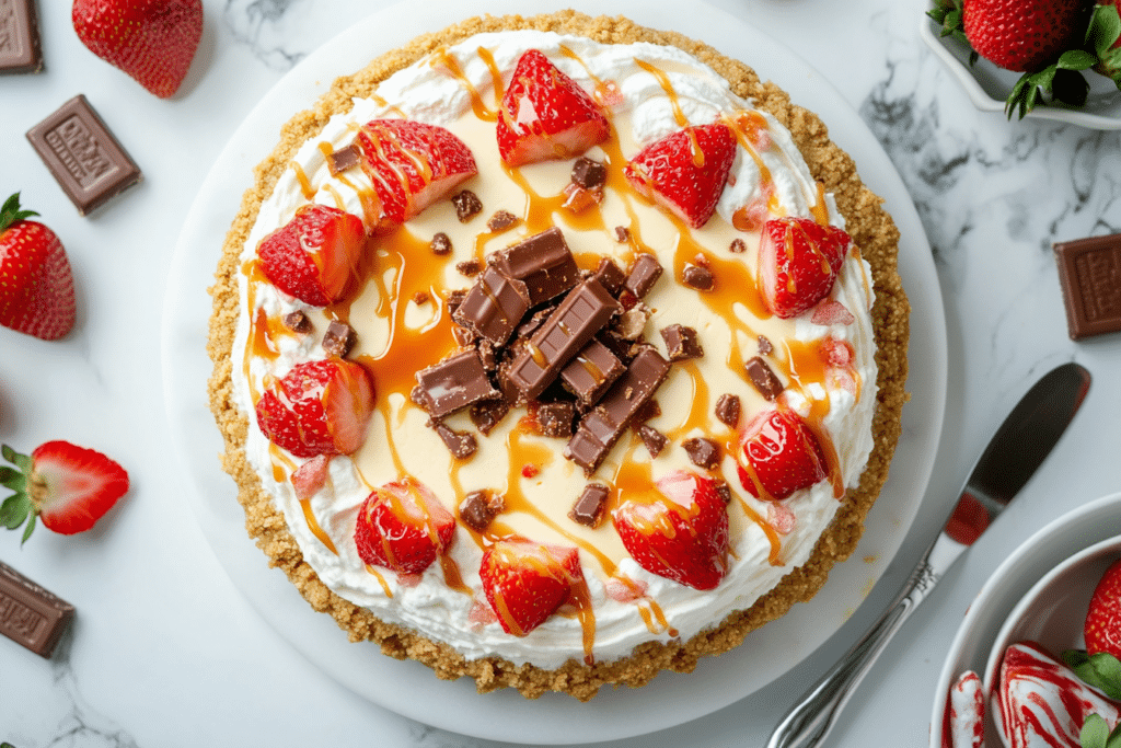 Snickers Strawberry Cheesecake with a creamy filling, fresh strawberries, caramel drizzle, and Snickers candy pieces, styled on a marble counter.