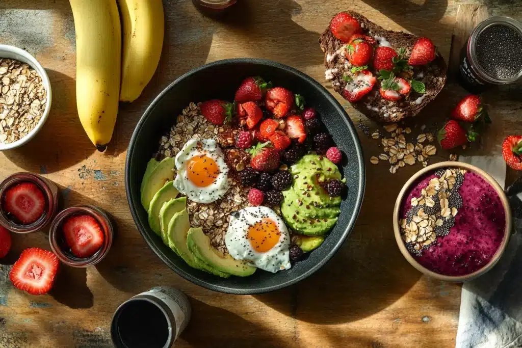 Healthy breakfast options for athletes, featuring overnight oats, avocado toast, and a smoothie bowl, arranged on a white marble counter