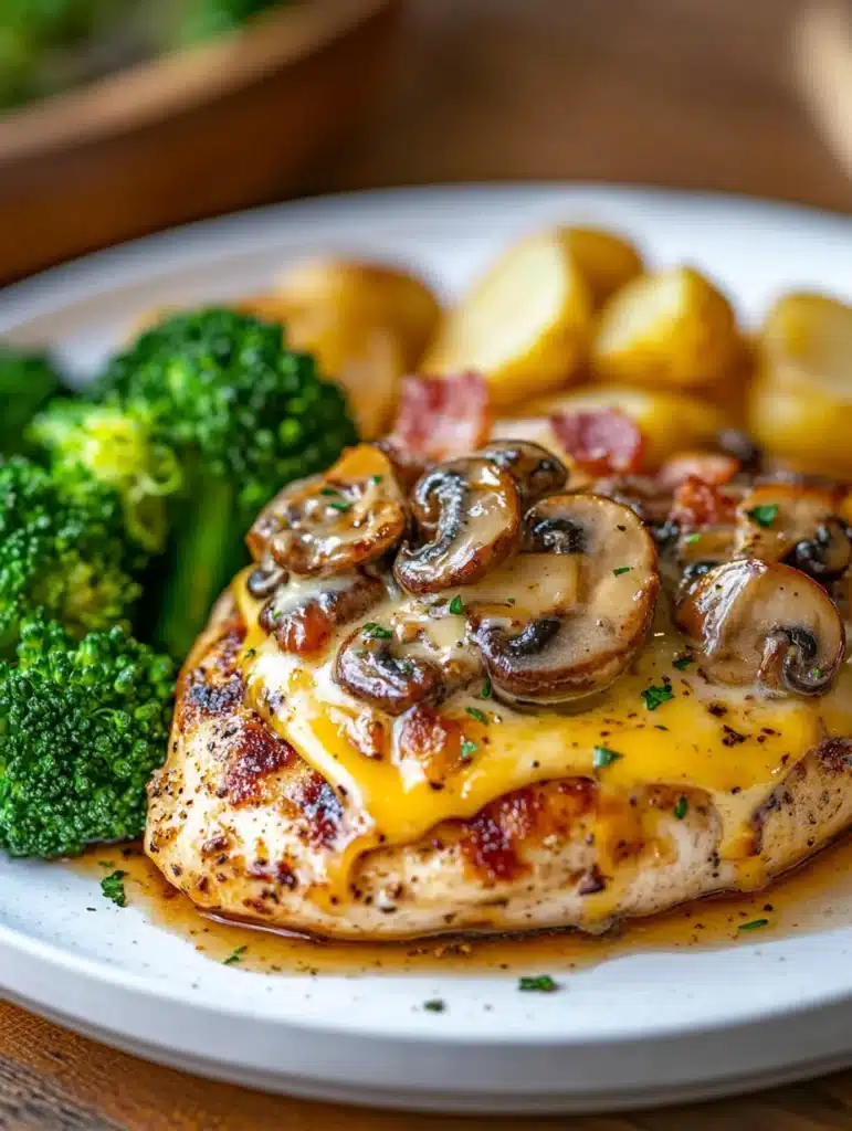 Juicy Alice Springs Chicken topped with melted cheese, turkey bacon, and sautéed mushrooms, drizzled with honey mustard sauce, served with steamed broccoli and roasted potatoes on a rustic plate.
