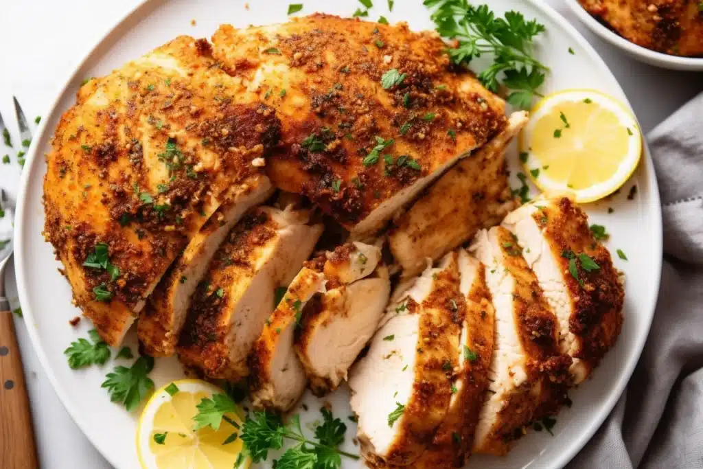 Close-up of air-fried frozen chicken breast, golden and crispy on the outside, juicy on the inside, garnished with parsley on a white plate. Lemon wedges and seasoning nearby on a wooden countertop.