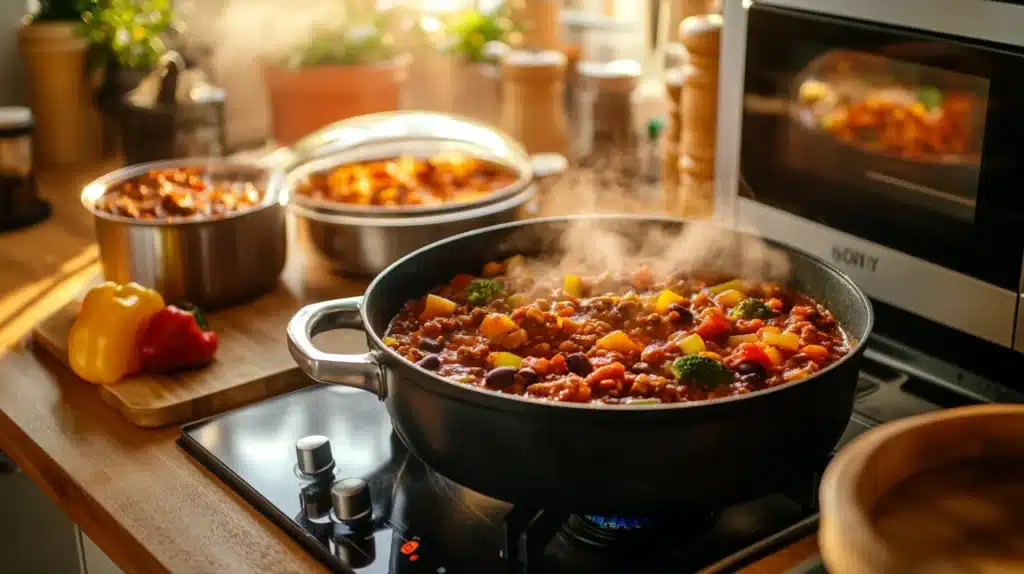 Four ways to reheat frozen vegetarian chili: stovetop, microwave, oven, and slow cooker, with a warm kitchen background.