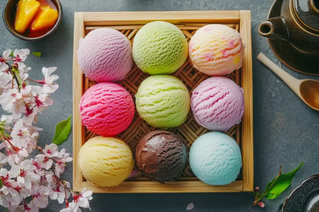 A vibrant arrangement of colorful mochi ice cream (green tea, strawberry, mango, chocolate) on a bamboo tray, surrounded by cherry blossoms and a Japanese tea set.