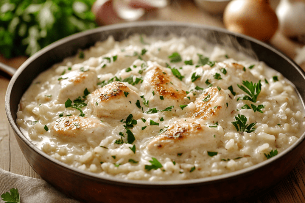 Skillet of creamy chicken and rice garnished with parsley, surrounded by fresh ingredients.
