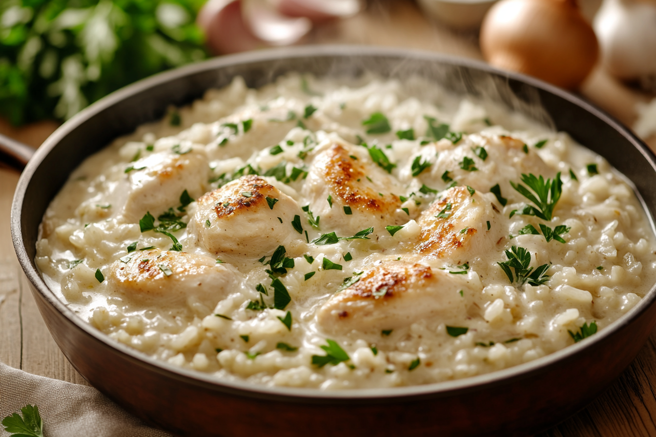 Skillet of creamy chicken and rice garnished with parsley, surrounded by fresh ingredients.