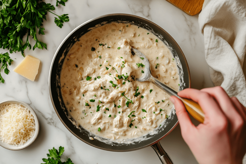 Hand stirring creamy chicken and rice in a skillet with fresh ingredients nearby.