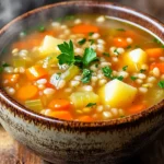 Step-by-step recipe card for making hearty vegetable barley soup.
