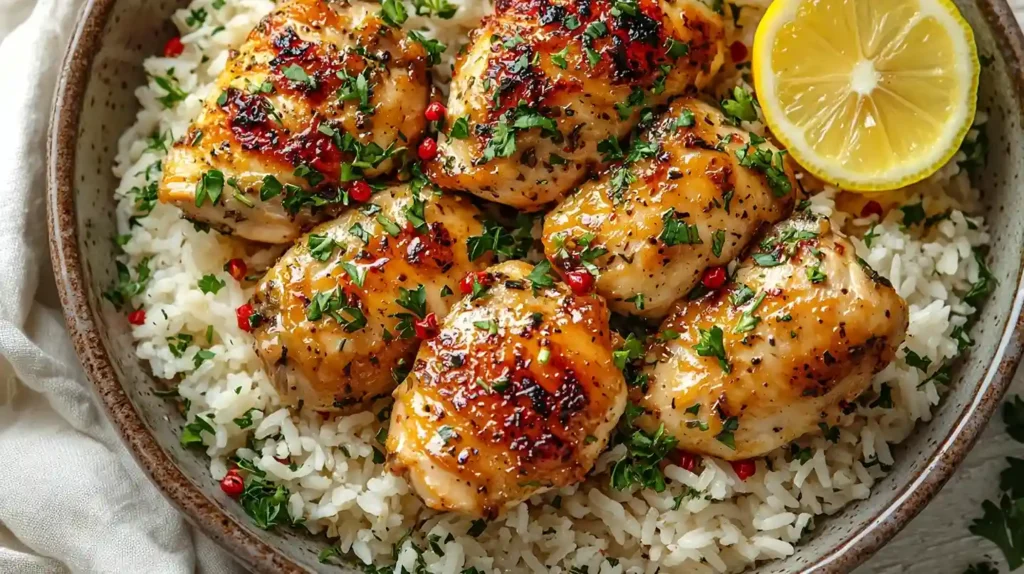 Delicious chicken and rice served in a rustic bowl