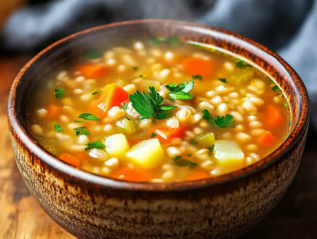 Hearty vegetable barley soup served in a rustic bowl