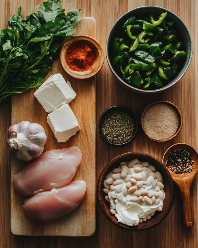Flat lay of raw ingredients for creamy white chicken chili instant pot, including white beans, raw chicken breasts, cream cheese, green chiles, chopped onions, garlic, and spices on a rustic wooden counter.