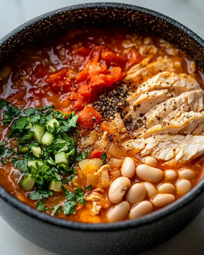 Ingredients for creamy white chicken chili instant pot inside an Instant Pot, including chicken breasts, white beans, green chilies, and spices.