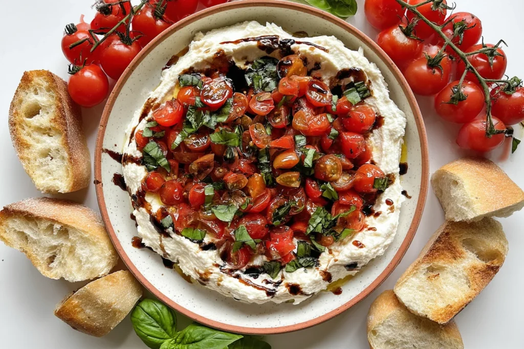 Rustic bruschetta dip with cherry tomatoes, basil, and whipped cheese, surrounded by baguette and fresh vine tomatoes
