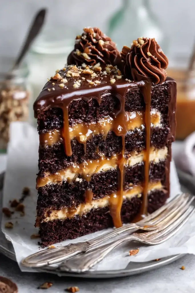 slice of Chocolate Turtle Cake with three layers of chocolate, caramel, and pecans
