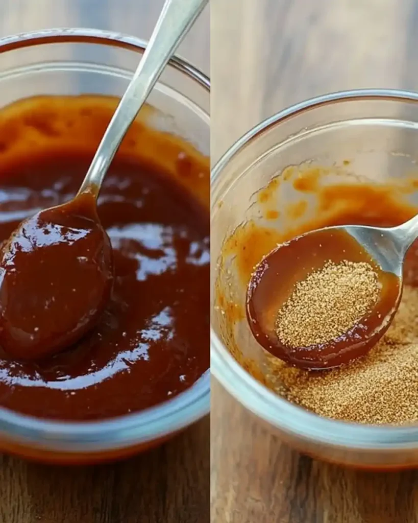 Step-by-step collage how to make the best glaze for a Meatloaf recipe.