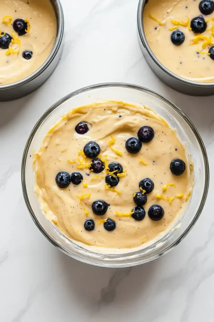 Bright overhead shot of creamy Blueberry Lemon cake batter with fresh blueberries and lemon zest in a glass mixing bowl and two cake pans on a white marble surface.