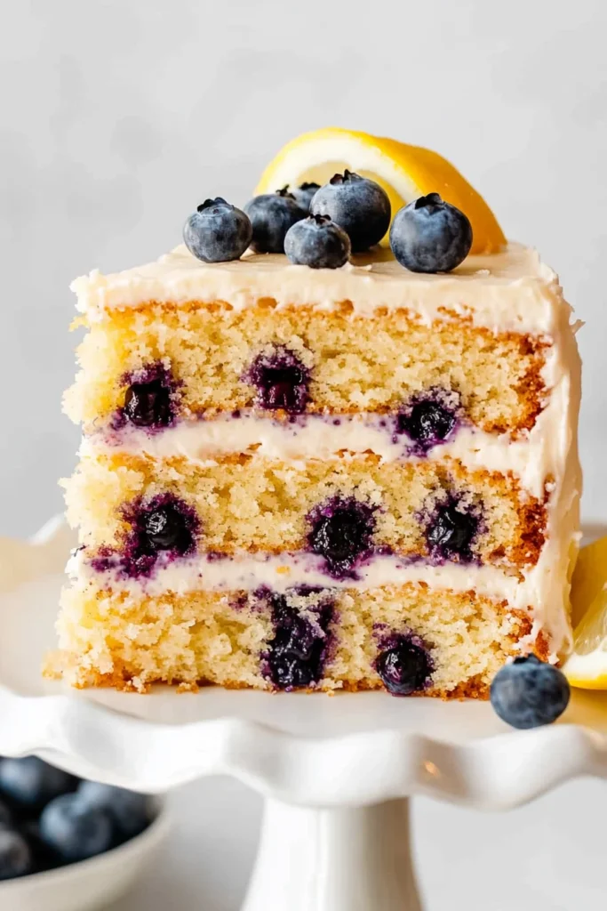 Close-up slice of Blueberry Lemon Layer Cake with moist layers, fresh blueberries, and smooth cream cheese frosting on a white scalloped cake stand.