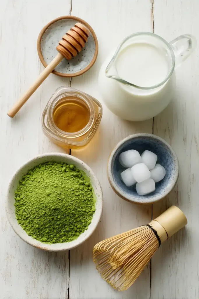 Ingredients for iced matcha latte laid out on wooden surface