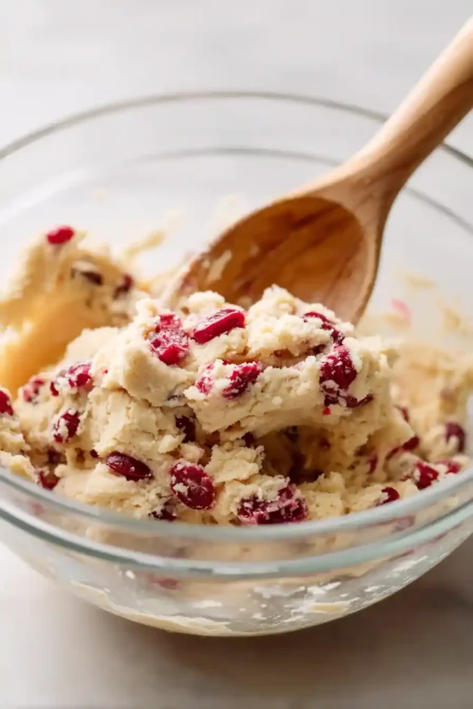 Folding cherry cookie dough with wooden spoon