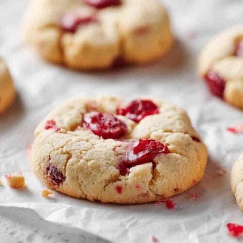 Mixing cherry cookie recipe dough in bowl