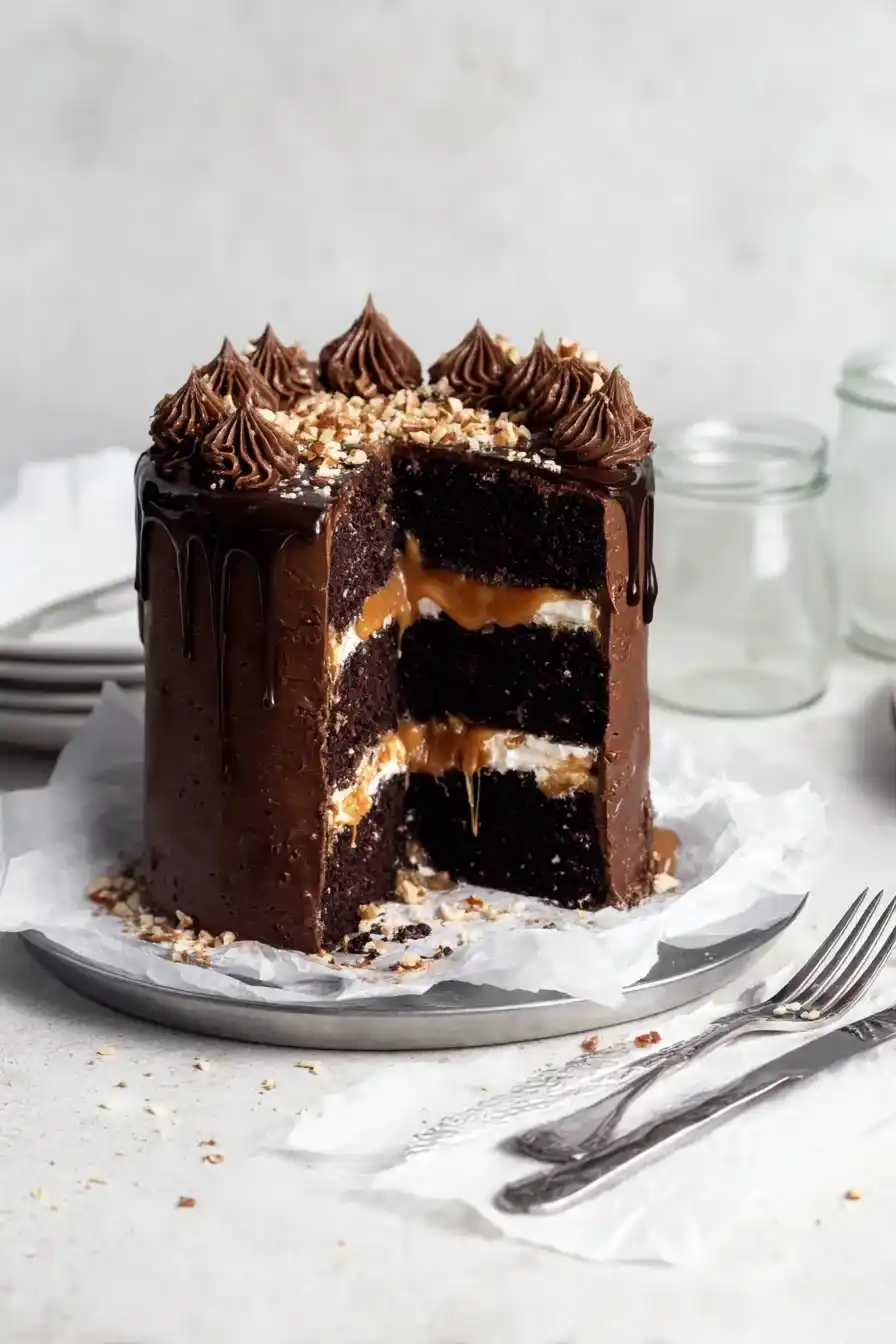 Chocolate Turtle Cake with three layers of chocolate, caramel, and pecans