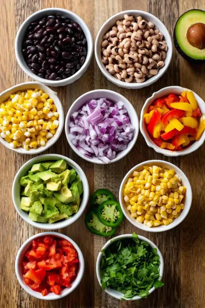 cowboy caviar ingredients in white ceramic bowls