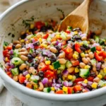 mixing cowboy caviar in white ceramic bowl
