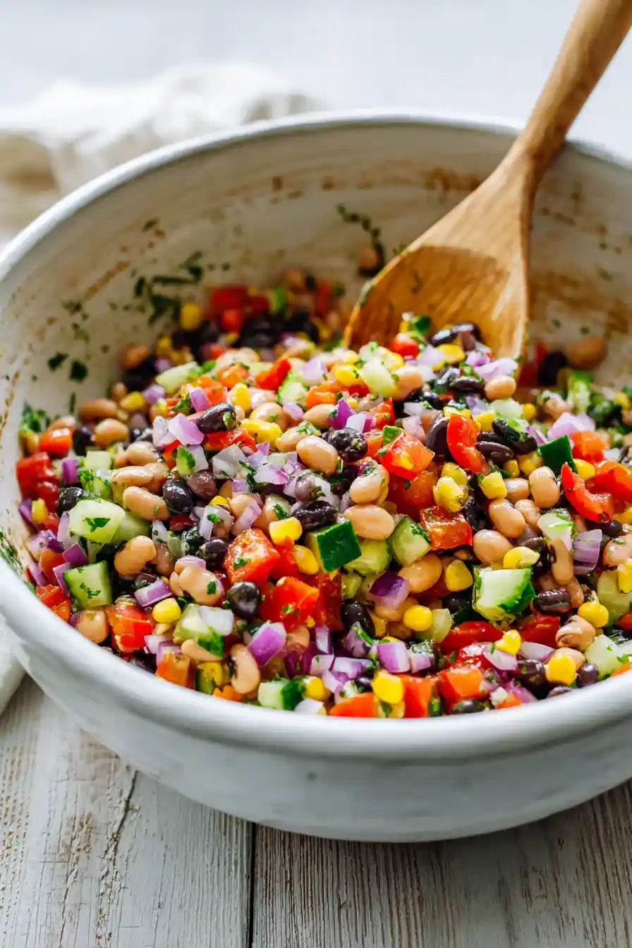 mixing cowboy caviar in white ceramic bowl