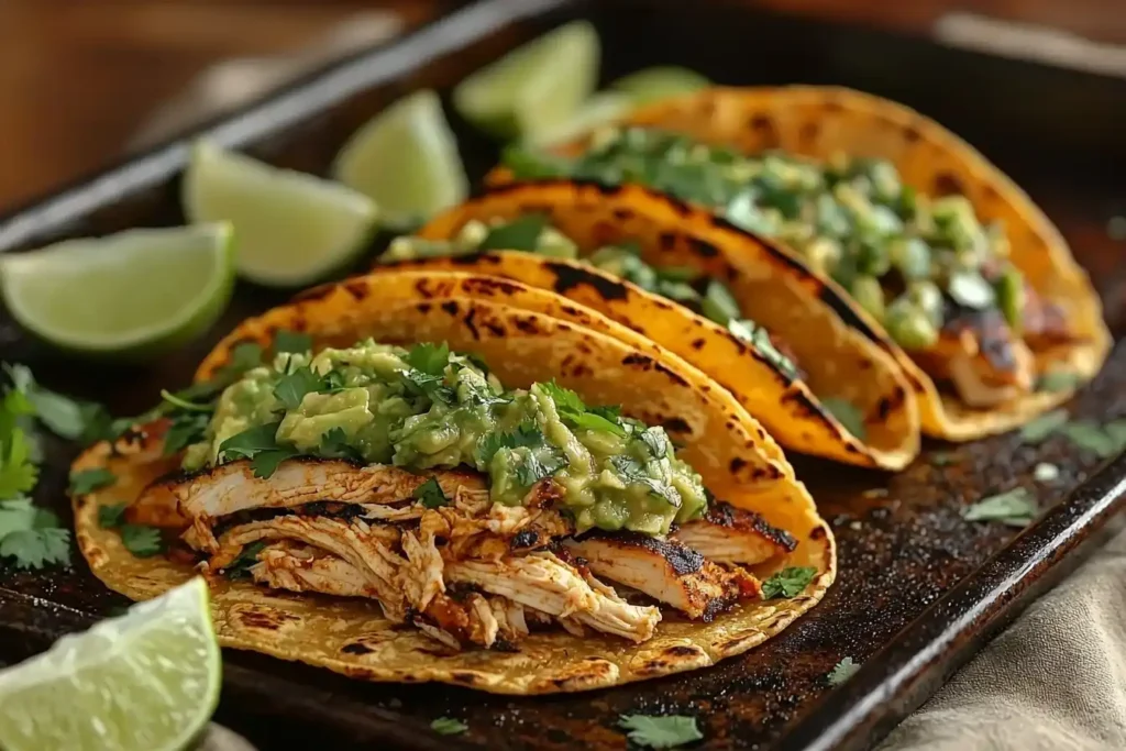 Crispy poblano chicken tacos topped with avocado jalapeño salsa on ceramic plates with lime wedges and cilantro