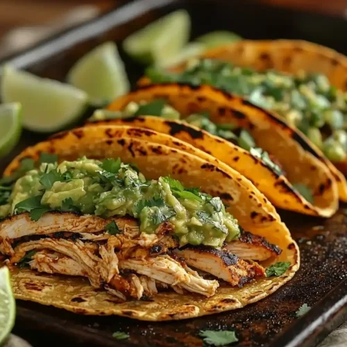 Crispy poblano chicken tacos topped with avocado jalapeño salsa on ceramic plates with lime wedges and cilantro