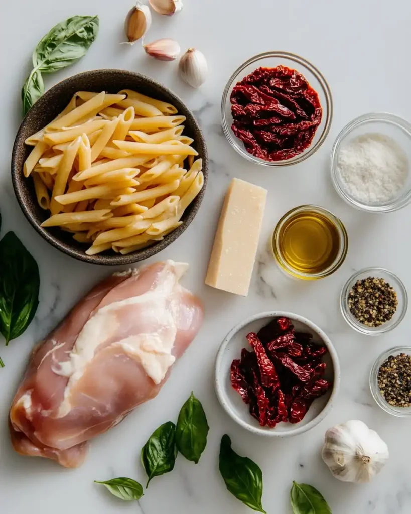 Flat lay of fresh ingredients for Marry Me Chicken Pasta Recipe with labels