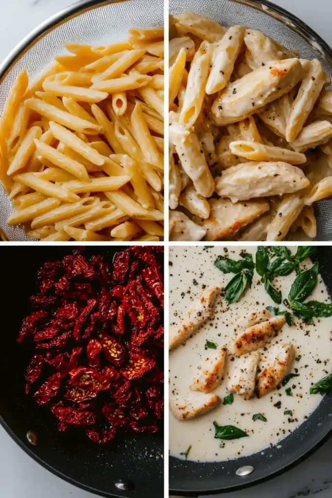 Flat lay of fresh ingredients for Marry Me Chicken Pasta Recipe with labels