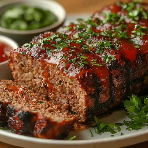 Classic meatloaf recipe sliced with glaze on top