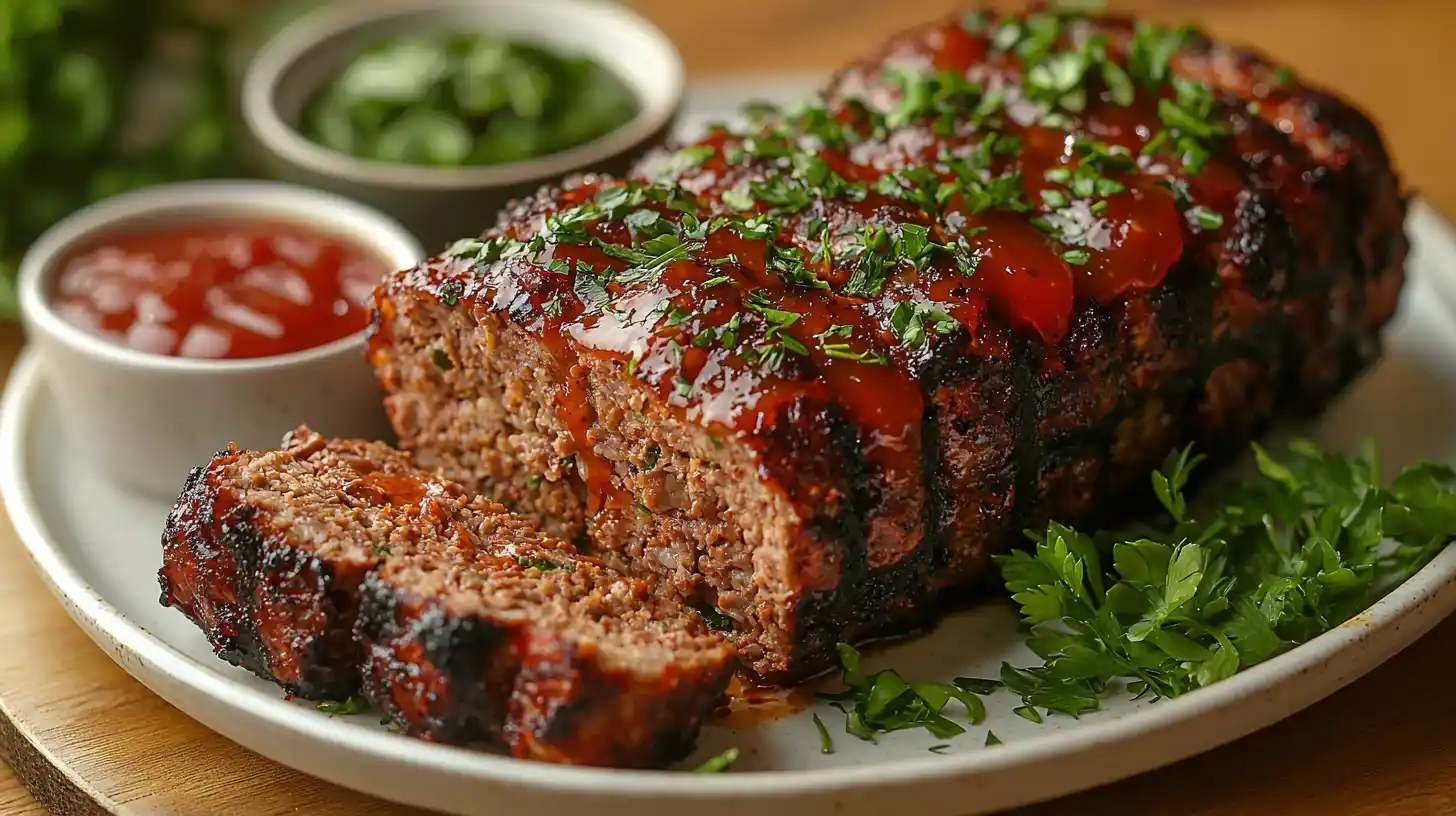 Classic meatloaf recipe sliced with glaze on top