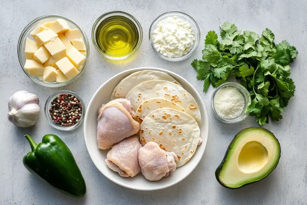 Flat lay of poblano peppers, chicken thighs, avocado, lime, garlic, and cilantro on a wooden table