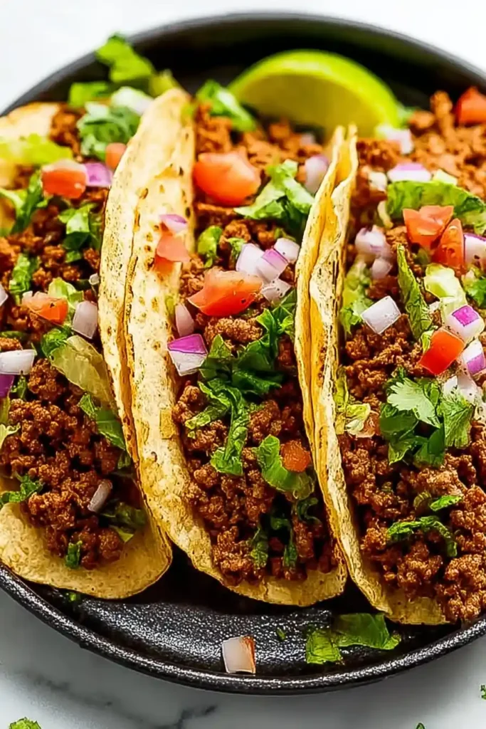 Best taco meat recipe in soft tortillas topped with lettuce, cheese, and tomatoes