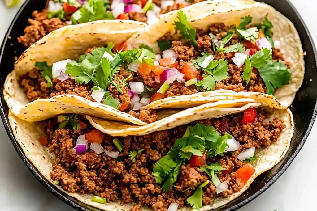 Shredded beef tacos and chicken tacos variations on corn tortillas