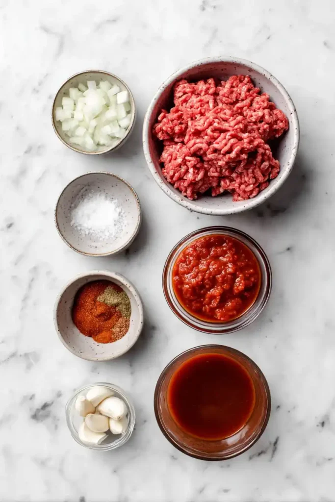 Taco meat recipe ingredients including ground beef, onion, garlic, spices, tomato paste, salsa, and broth
