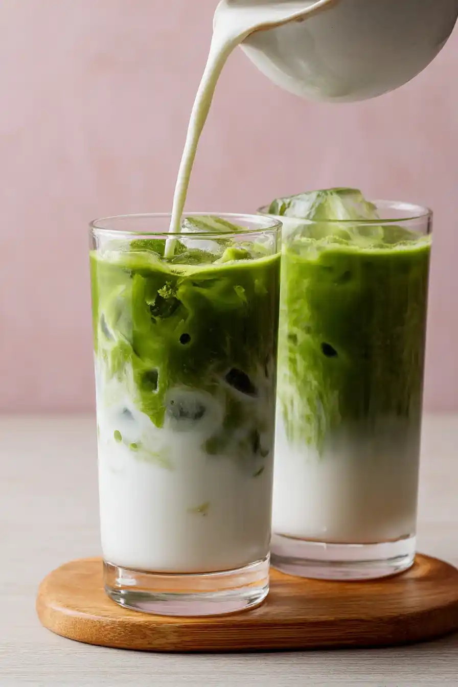 Iced matcha latte in a tall glass with ice and creamy milk