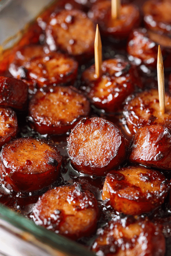 BBQ sausage bites glazed in a sticky barbecue sauce, served in a glass baking dish with toothpicks for easy party snacking.