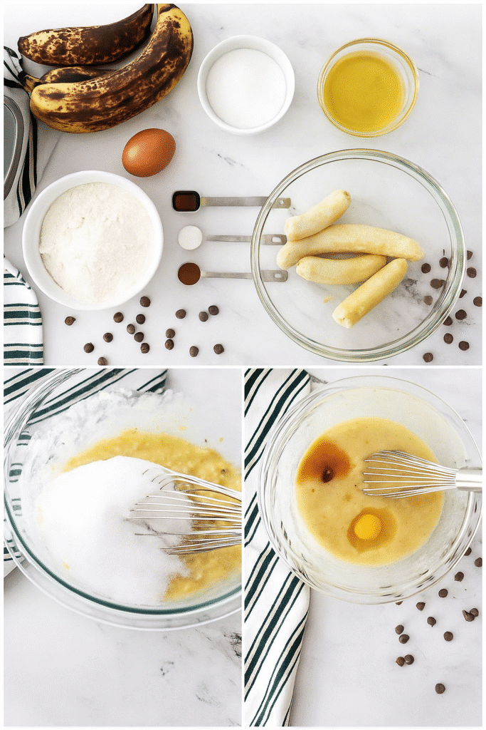 Flat lay of banana bread ingredients including flour, egg, bananas, and chocolate chips