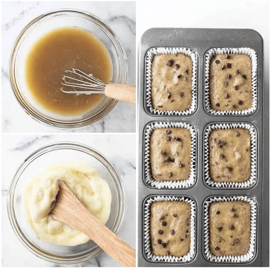 Banana bread batter process and mini loaves ready to bake