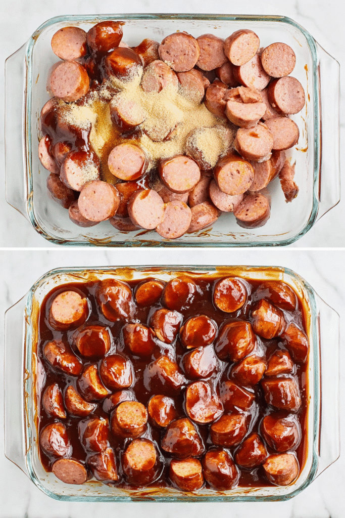 Side-by-side image of smoked sausage bites before and after mixing with BBQ sauce, brown sugar, and Dijon mustard in a glass dish.
